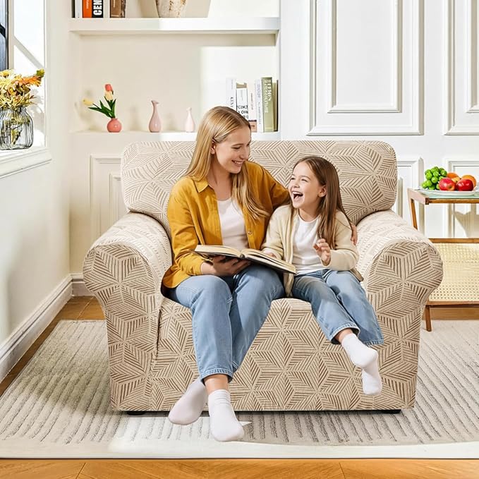 YEMYHOM 1 Piece Stretch Chair Sofa Slipcovers Couch Covers for 1 Seat, Jacquard Armchair Covers with Non-Slip Elastic Bottom, Thickened Furniture Protector for Dogs Pets kids (Small, Khaki）