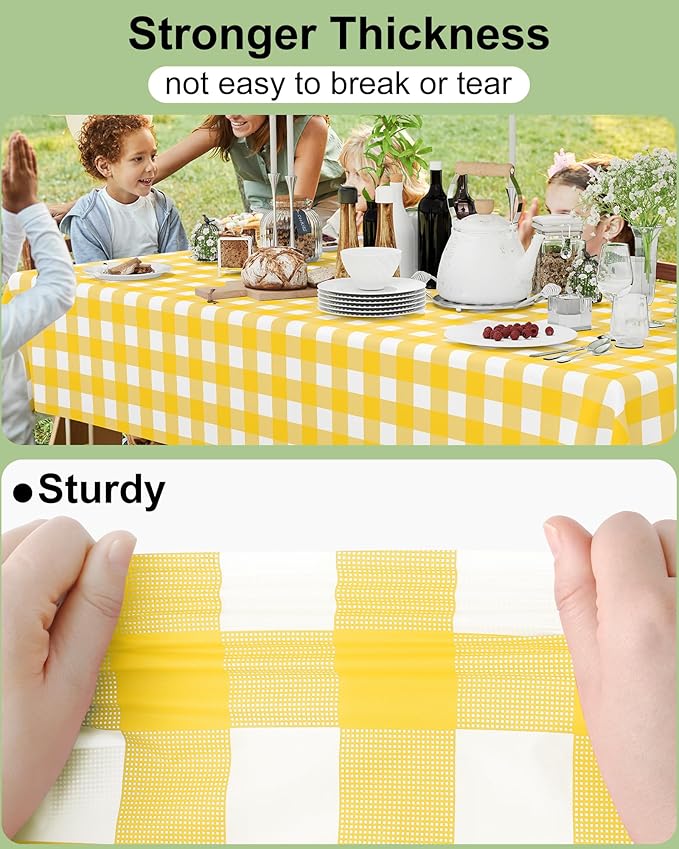 Smiry 8 Packs Gingham Disposable Table Cloth, 54 x 108 Inch Waterproof Plastic Tablecloth, Rectangle Yellow and White Checkered Table Covers for Picnic, Birthday, Party