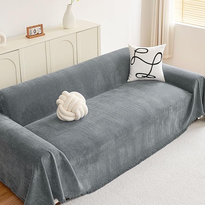 hyha Couch Cover for Dogs, Boho Sofa Covers for 3 Cushion Couch Washable, Chenille Sofa Slipcover for Pets, Soft Loveseat Sectional Couch Throw Blankets with Tassels (Grey, 71x118 Inch)