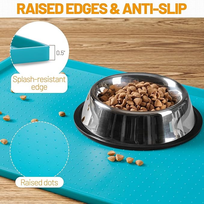 Hubulk Dog Feeding Mat,100% Waterproof Food Grade Silicone Pet Food and Water Bowl Placemat,Dishwasher, High Raised Edge to Prevent Spills,Nonslip Tray to Stop Messes on Floor (19"x12"x0.5", Teal)