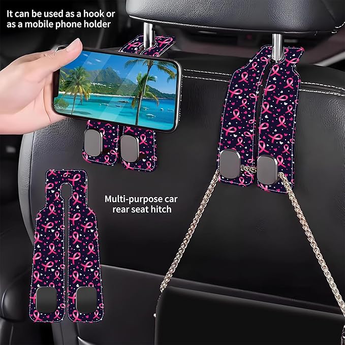 AEWNUNK Car Headrest Purse Hanger Black and White Checkered 1 Pack Bag Purse Holder for Car Premium Leather Double Metal Hook for Handbags, Grocery Bags and Phones