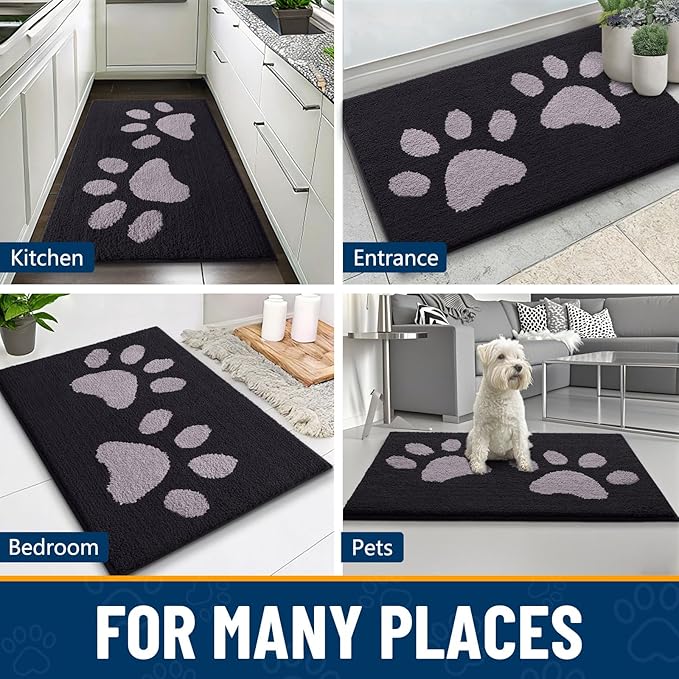 Smiry Dog Door Mat for Muddy Paws, Absorbs Moisture and Dirt, Low-Profile Entryway Mat with Non-Slip Backing, Entry Indoor Outdoor Doormat for Inside Floor (30x20 Inches, Black and Grey, Paw)