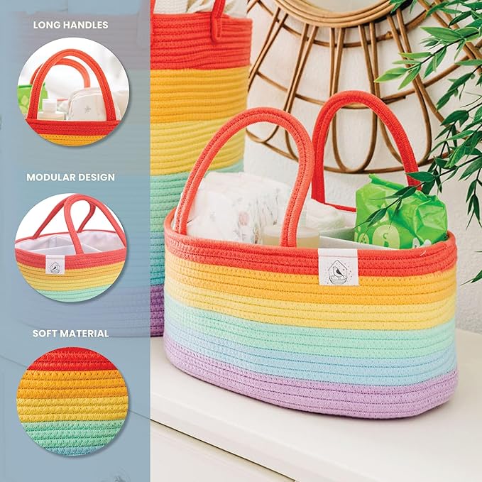 OrganiHaus Rainbow Nursery Storage Basket, Cotton Rope Toy & Diaper Caddy Organizer with Handles, Baby Diaper Organizer, Foldable Design, Machine Washable, Ideal for Baby Room & Laundry