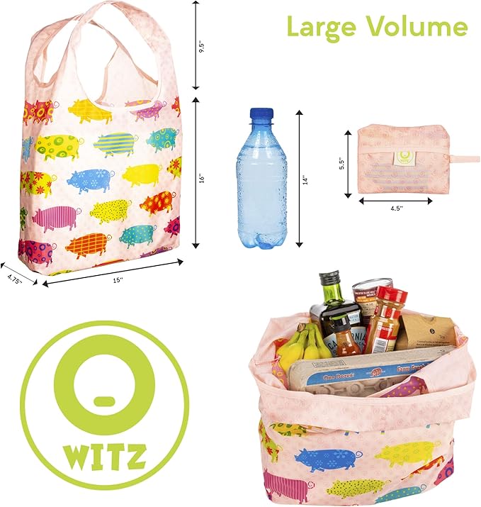 O-WITZ Reusable Grocery Bags | Vibrant Tote Bag For Groceries, Gym, Office, Beach Gear, Toys & More | Washable Design With Large Handles For Maximum Convenience | Folds Into A Small Pouch, Pig