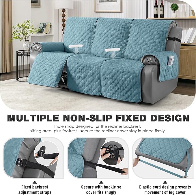 TAOCOCO 100% Waterproof Recliner Couch Covers, Recliner Sofa Covers with Leg Straps, 1-Piece Washable Reclining Sofa Cover with Pocket Couch Protector for Pets Kids(3 Seater, Sky Blue)