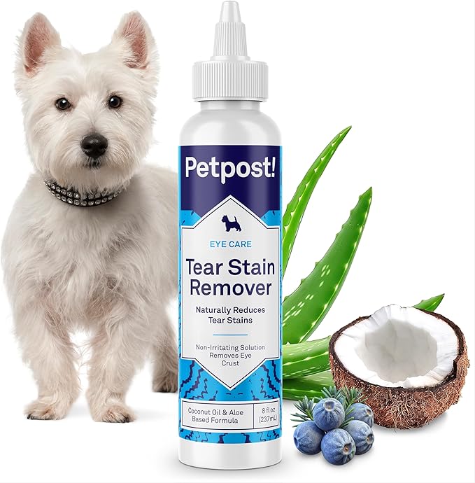 Petpost Tear Stain Remover for Dogs | 8 oz Gentle Dog Eye Cleaner Solution | Safe Dog Tear Stain Remover for White Fur & Light-Coated Breeds | Bleach Free