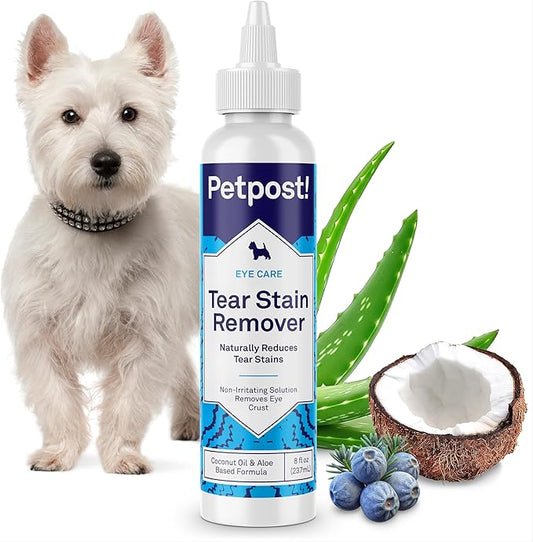 Petpost Tear Stain Remover for Dogs | 8 oz Gentle Dog Eye Cleaner Solution | Safe Dog Tear Stain Remover for White Fur & Light-Coated Breeds | Bleach Free