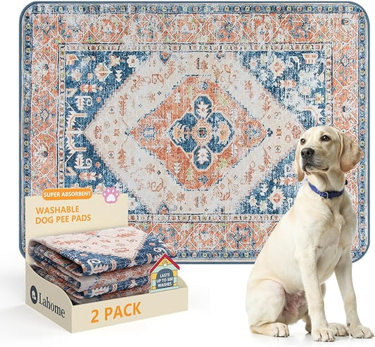 Lahome Reusable Washable Puppy Pads - 2 Pack Super Absorbent & Waterproof Dog Training Mats for Potty, Crate and Floor - Leakproof Pee Pads with Non-Slip Backing (Beige Blue, 36"x48")