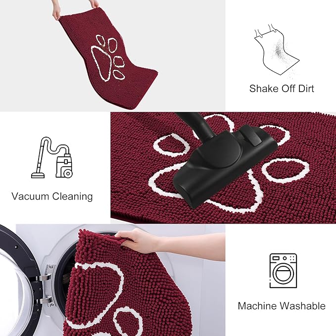 Smiry Dog Door Mat for Muddy Paws, Absorbent Dirt Trapper Non Slip Quick Dry Washable Chenille Mat for Mud Dogs, Entry Rug for Indoor and Outdoor (47x24 Inches, Burgundy and White)