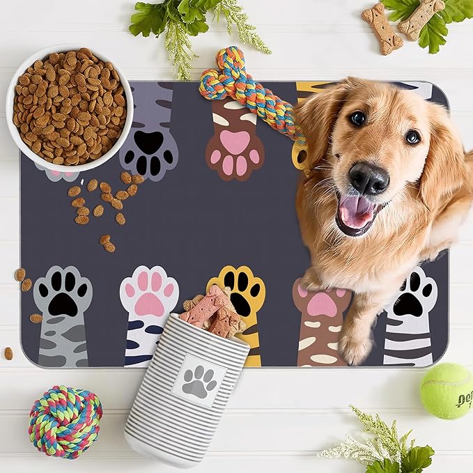 Cute Cat Paw Print Dog Food Mat for Floors,Absorbent Pet Food and Water Bowl Mats,Non-Slip Pet Feeding Mat,Pet Supplies 16" x 24"