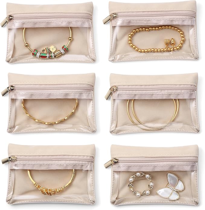 Vlando Jewelry Travel Case,Travel Jewelry Organizer with Clear Velvet Jewelry Bags Zipper Pouch for Women Girl Gift 6Pcs