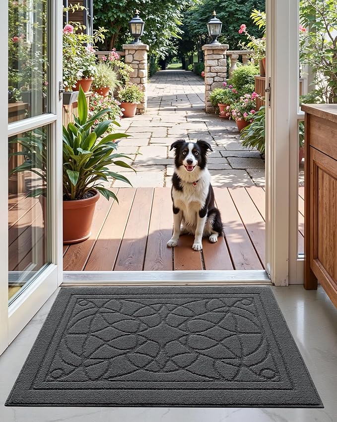 DEXI Front Entryway Door Mat Non Slip 24x36, Washable Inside Entry Way Mats Low Profile Entrance, Welcome Dirt Trapper Doormat Thin for House Floor Home Porter Hall Backdoor Area, Dark Grey