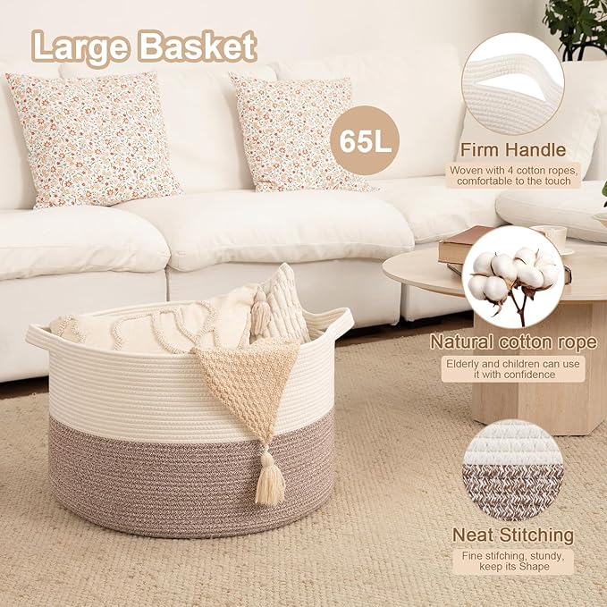 OIAHOMY Large Blanket Basket for Living Room, 19.7" x 12.6" Woven Cotton Rope Laundry Basket for Organizing Pillows, Decorative Stuffed Animal Toy Storage for Nursery, White and Linen Brown