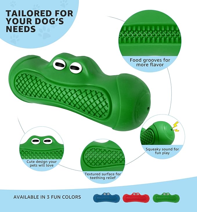 IPTPAS Durable Dog Chew Toy for Aggressive Chewers, Tough Natural Rubber Squeaky Dog Toy with Irresistible Beef Flavor, Dental Care, Teeth Cleaning & Boredom Relief for Medium & Large Dogs (Green)