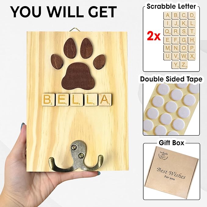 VINARTSVN Dog Leash Holder Wall Mount, Pet Harness Hanger with Scrabble Letters, Dog Collar Organizer for Entryway, Memorial Cat Leash Holder for Wall, Pet Loss Gifts, Keepsake, Home Decor PF212-NAT