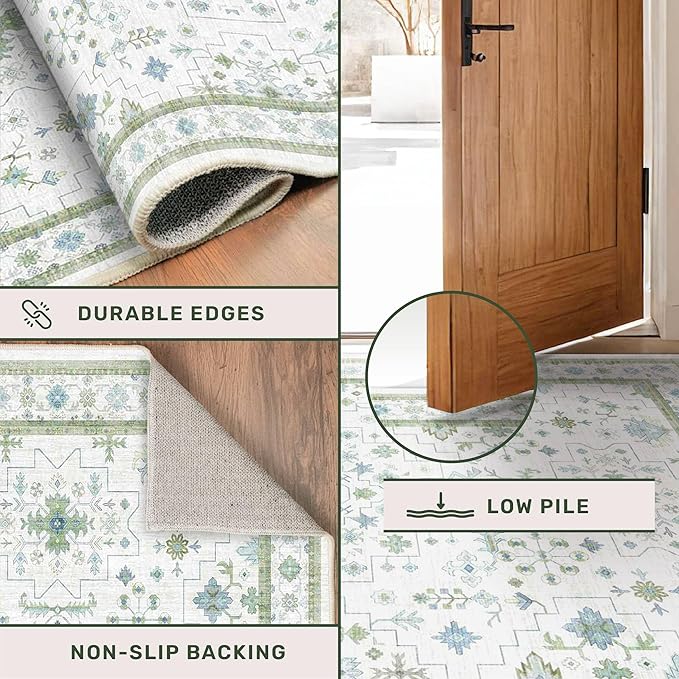 Oushak 3x10 Wide Hallway Runner Rug - Vintage Turkish Floral, Washable Low Pile Non Slip 10ft Long Runners for Kitchen, Hall Way - Light Blue and Green