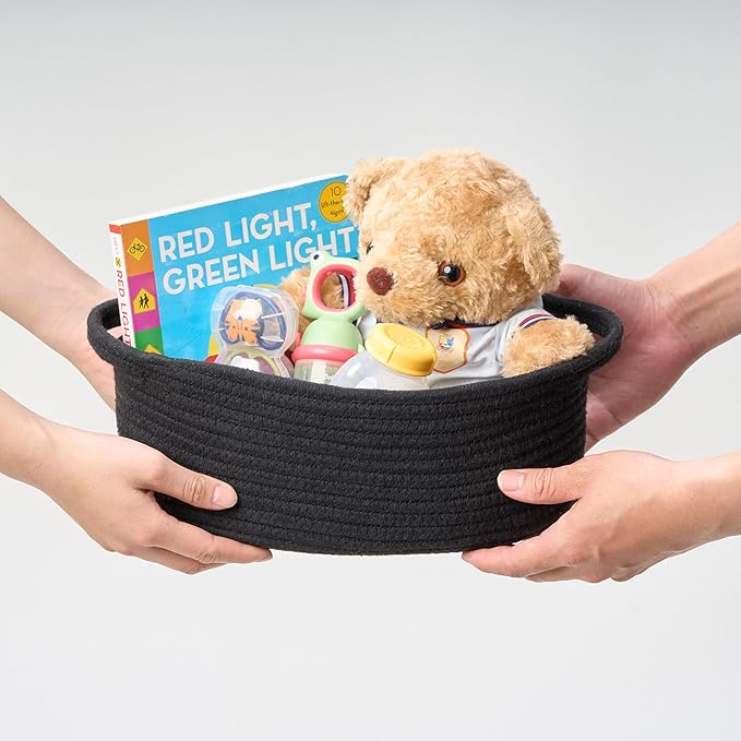 Small Woven Gift Basket Empty with Bag & Ribbon - Gifts for Mom, Baby Shower, Birthdays & Raffle - Cotton Rope Storage Basket for Dog Toys or Shelf - 12"x8"x5", Black, 2 Packs