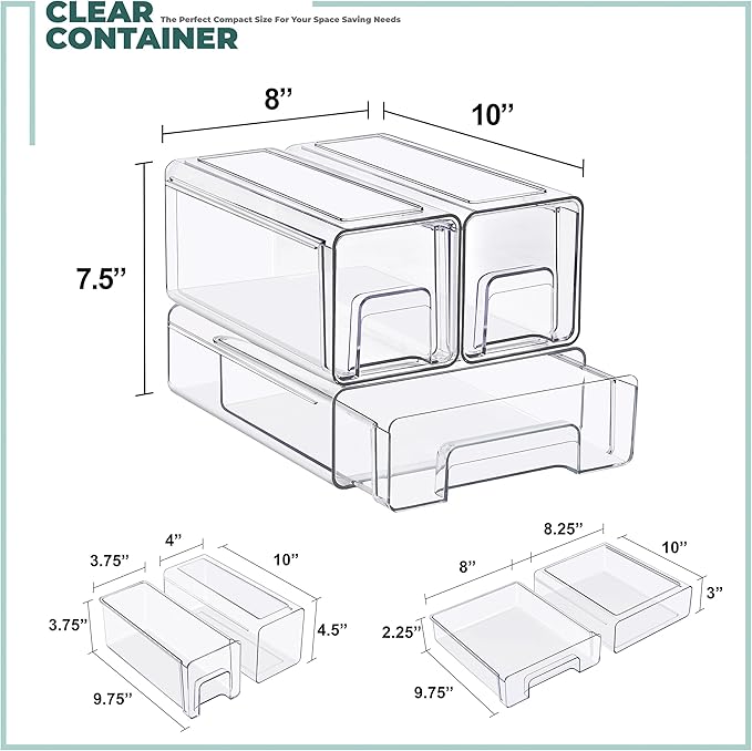 Sorbus 1 Medium & 2 Small Clear Stackable Storage Drawers, Plastic Organizer Bins with Handles, Pull-Out Stackable Drawers for Bathroom Closet, Medicine, Cabinet, Pantry Storage, Baby Bottle Organizer