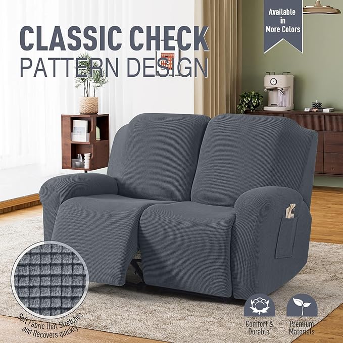TAOCOCO Recliner Loveseat Slipcover, 6 Pieces Dual Recliner Sofa Covers for 2 Seat Dual Reclining Loveseat Couch, Stretch Soft Jacquard Pattern Furniture Protector with Elasticity (2XL, Grey)