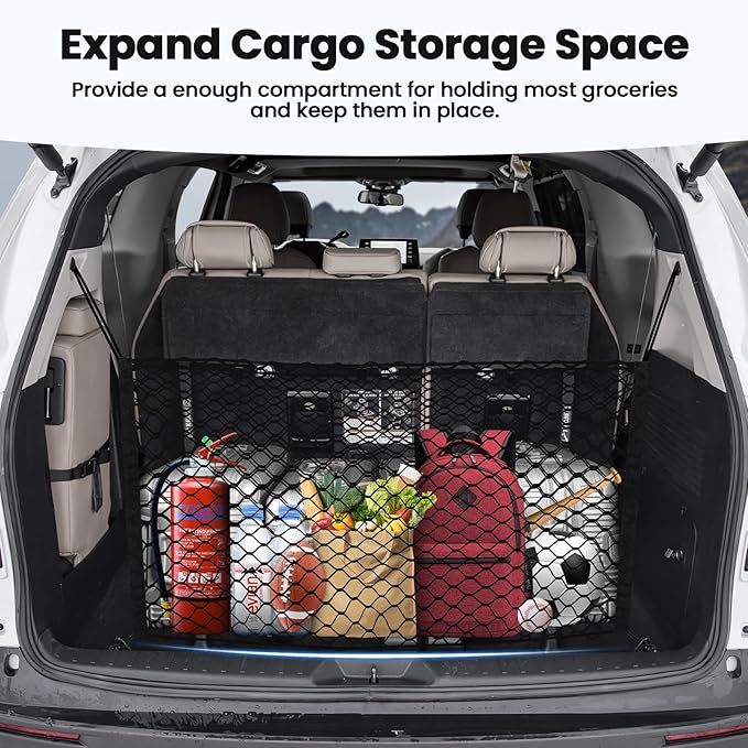 Trunk Cargo Net for Toyota Sienna 2021-2025 2026 Accessories Envelope Style Mesh Trunk Net Organizer and Storage Stretchable Adjustable Elastic Nylon Rear Cargo Netting with Hooks