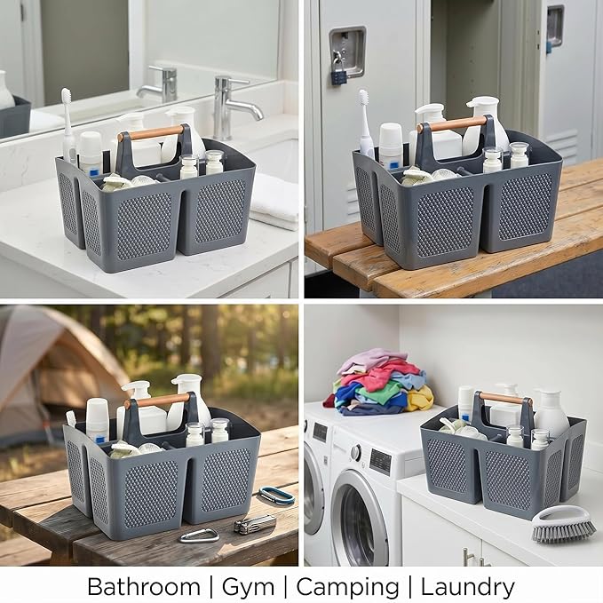 Haundry Portable Shower Caddy Tote with Wooden Handle, 3 Compartment Plastic Organizer Basket for College Dorm Essentials, Bathroom Cleaning Supplies, Gray