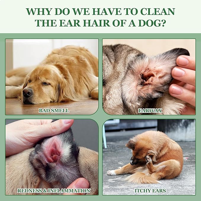 Dog Ear Hair Removal Kit - Dog Ear Powder, Trimmer and Dog Clippers Set for Grooming, Ear Cleaner for Itching, Dog Ear Infection Treatment, Removing Earwax and Odour