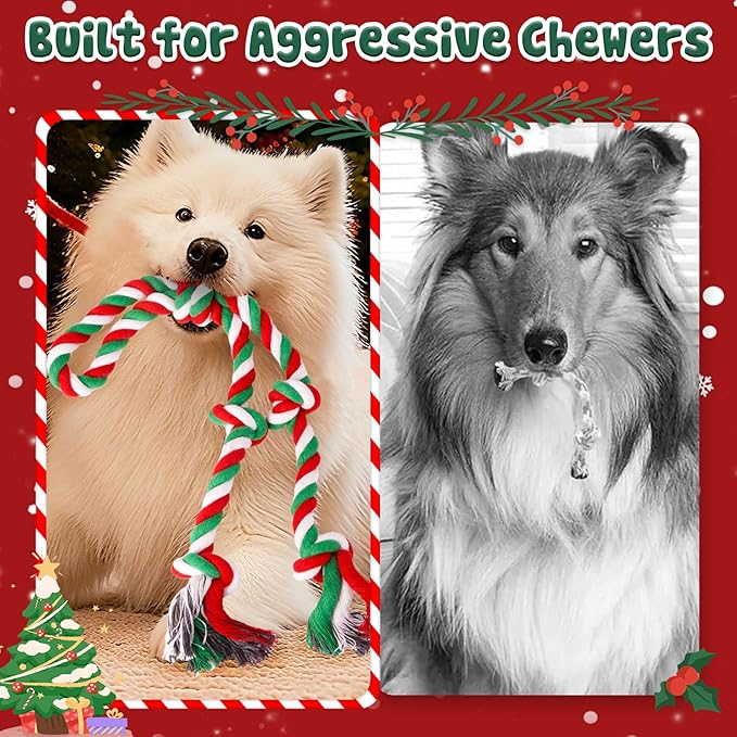 Tough Christmas Dog Rope Toys for Aggressive Chewers- Tough Tug of War & Chew Toys for Large, Medium & Small Dogs, 5 Pack Including 2 Ropes & 3 Supplies
