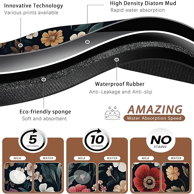 Floral Boho Dog Cat Food Mat,Pink Flower Vintage Absorbent Pet Feeding Mat with Rubber Backing,Non-Slip Water Bowl Placemat,Indoor Pet Accessories Supplies 12"x20"