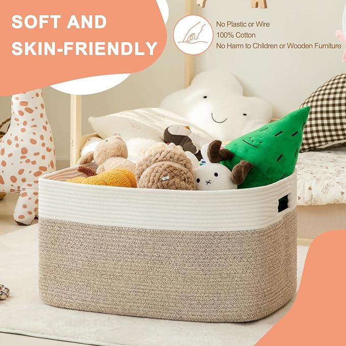 SIXDOVE 75L Large Blanket Basket, Toy Basket Bin for Kids, Cotton Rope Woven Storage Basket for Living Room, Nursery, Baby Room Decorative Organizer, 22''×17''×12'', Brown and White