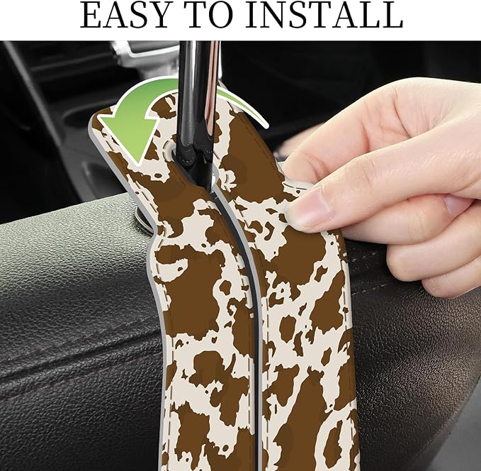 PU Leather Car Seat Hook, Storage Headrest Hanger, Cute Car Backseat Organizer, Car Hooks For Purses and Bags Brown Cow Print