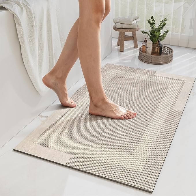 Non Slip Bath Mat, Rubber Backing Ultra Thin Bathroom Rugs Fit Under Door Quick Dry Super Absorbent Washable Bath Rug Shower Mat for Bathroom Floor Bathtub Shower Sink, Easy Care Beige 24"x 35"