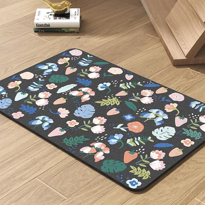 Pet Feeding Mat-Absorbent Dog Mat for Food and Water Bowl-No Stains Quick Dry Water Dispenser Mat-Dog Accessories Pet Supplies-Bowl for Messy Drinkers（DARKFLOWERS,16"x24"