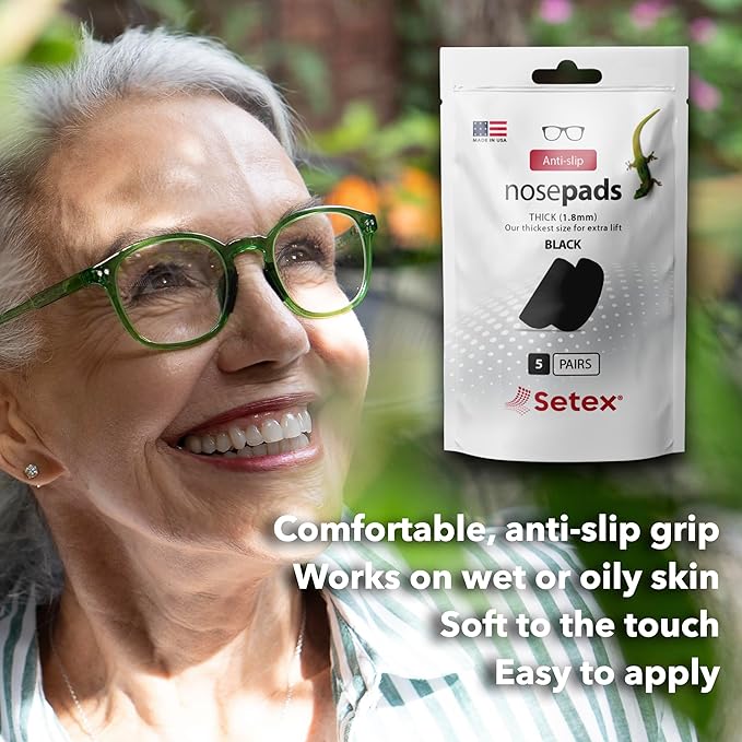 Setex Gecko Grip 1.8mm Thick Anti Slip Eyeglass Nose Pads, (5 Black Pair) USA Made, 2500 Innovative Microstructured Fibers per Nose Pad, 1.8mm x 7mm x 16mm