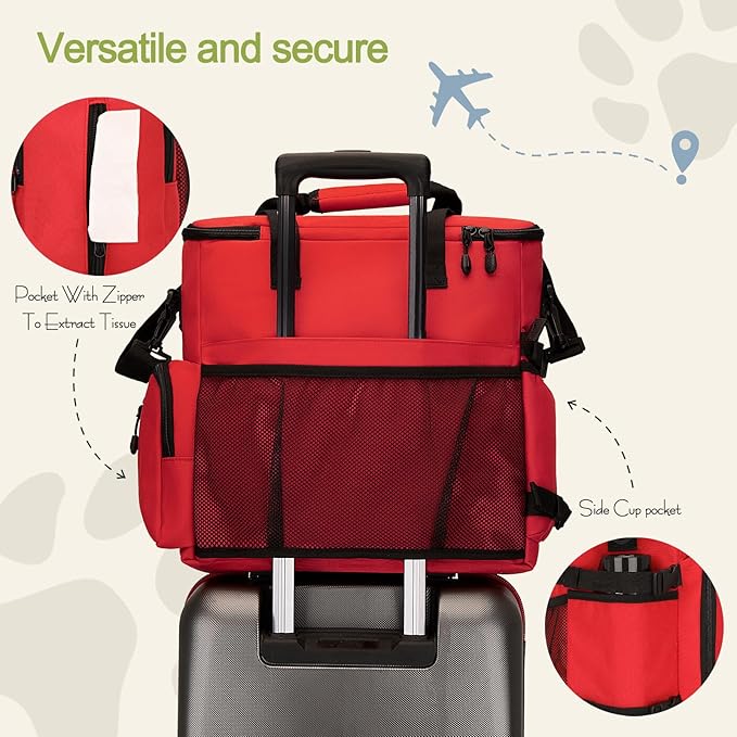 LARIPOP Dog Travel Bag, Pet Travel Bag (All Pet Travel Supplies), Include 2 Collapsible Bowls, 2 Dog Food Storage Containers and 1 Feeding Mat, Essential Kits for Pet Travel Red