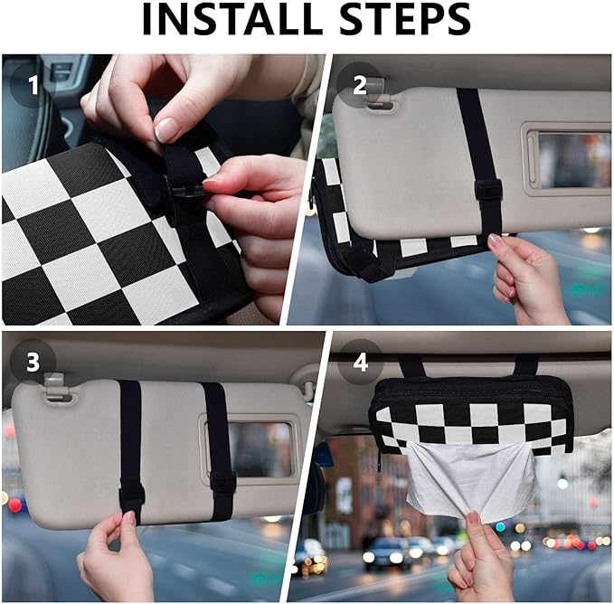 Car Tissue Holder Car Napkin Holder Car Tissue Box Dispenser Storage Case Sun Visor Mask Holder with Adjustable Straps Reusable Refillable Checkered Black and White