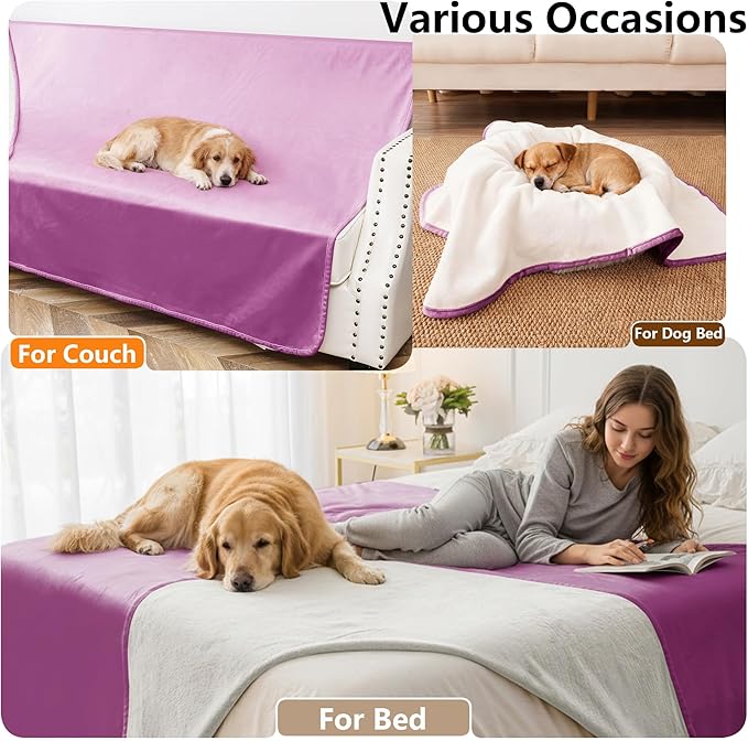 Tuffeel Waterproof Blanket for Bed King Size, Leak Proof Dog Couch Blankets Reversible, Pet Throw Sofa Furniture Protector Machine Washable-82 x108,Purple+Cream