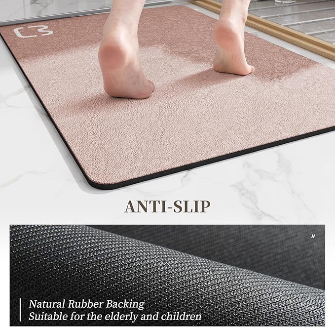 Blush Pink Diatomaceous Earth Bath Mat 15.7"x47.2" Extra Long Bathroom Mat Large Fast Dry Super Absorbent Non-Slip Rubber Backed Shower Mat Bath Rugs Mats for Bathroom Floor, Tub, Shower, Sink