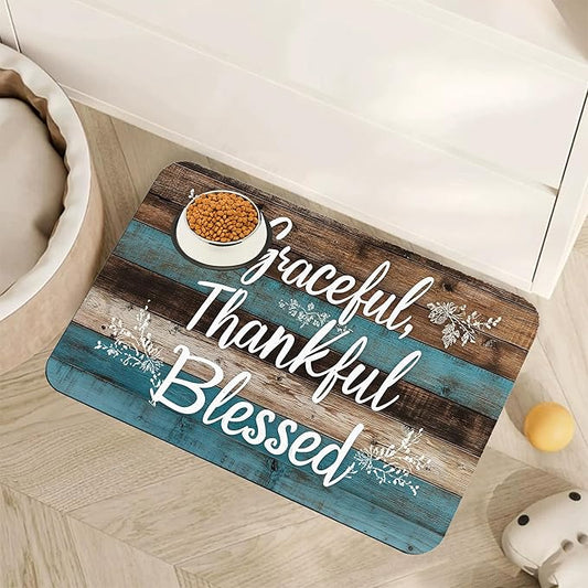 Thankful Grateful Blessed Dog Cat Food Mat,Vintage Wooden Absorbent Pet Feeding Mat for Food and Water, Non-Slip Dog Bowl Mats Floor Protector 12"x20"