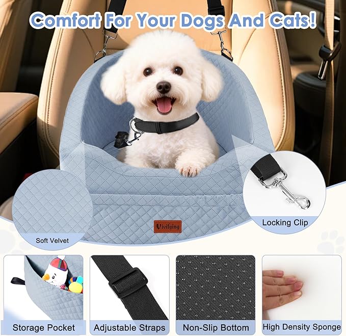 Vivifying Dog Car Seat for Small & Medium Dogs, Detachable & Washable Booster Seat for Pets Up to 30lbs, Travel Bed with Storage Pockets and Safety Belt – Gray