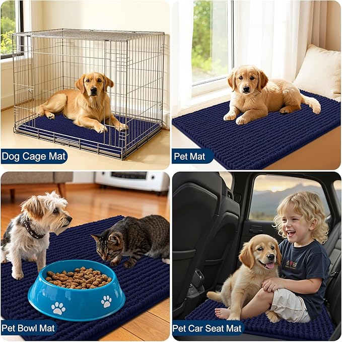 OLANLY Dog Door Mat for Muddy Paws 44x24, Ultra Absorbent Chenille Mud Doormat, Non-Slip Washable and Dirt Trapping Doormat for Indoor Entryway, Quick-Dry Indoor Pet Bed Mats for Dogs, Navy Blue