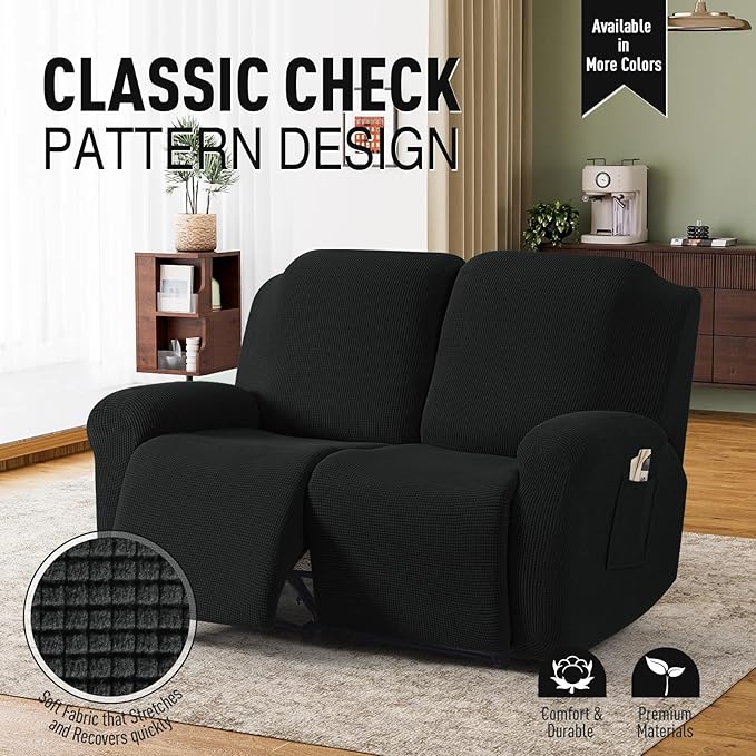 TAOCOCO Recliner Loveseat Slipcover, 6 Pieces Dual Recliner Sofa Covers for 2 Seat Dual Reclining Loveseat Couch, Stretch Soft Jacquard Pattern Furniture Protector with Elasticity (2XL, Black)