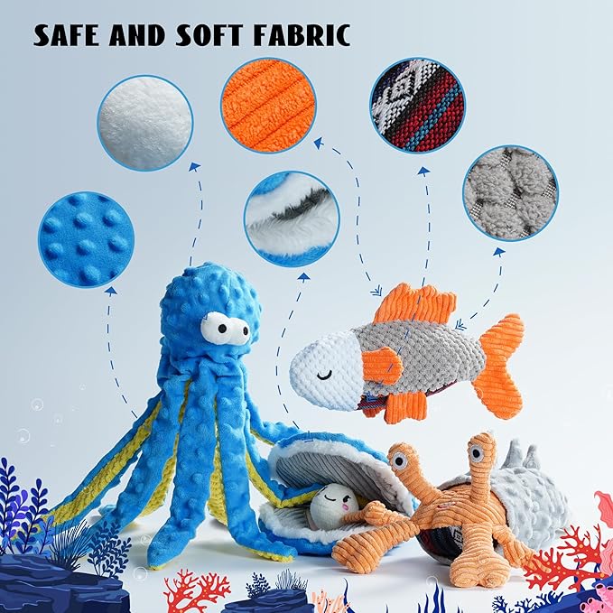 Nocciola Octopu Crinkle Squeaky Dog Toys for Aggressive Chewers, Durable Stuffed Plush Rope Tug Puppy Toy for Small, Medium Large Dogs, Octopus Fish Ocean Beach Summer, Dog Birthday Gifts
