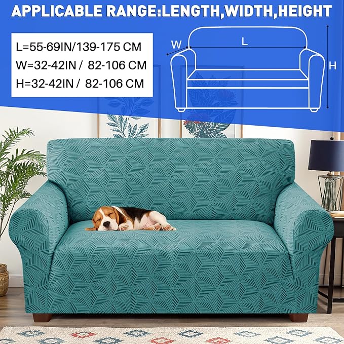 YEMYHOM 1 Piece Stretch Couch Covers for 2 Cushion Couch, Jacquard Loveseat Cover with Non-Slip Elastic Bottom, Thickened Slipcover Furniture Protector for Dogs Pets (Medium, Peacock Blue）