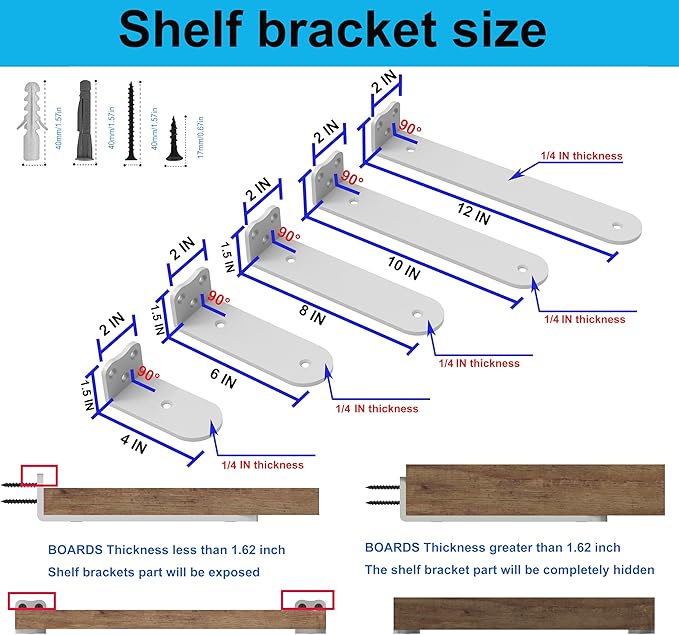 Floating Shelf Brackets, 10 Inch (1/4 in Thick) White, 4 Pack, Holds Over 200lb+
