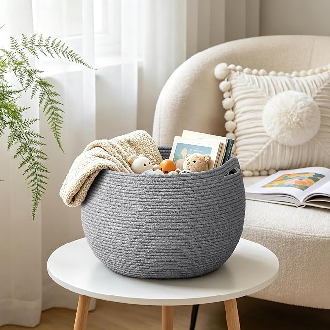 Goodpick Large Toy Storage for Kids, Woven Storage Basket for Nursery Living Room, Decorative Basket for Baby Boy Gifts, Gray, 15.7"D x 10.5"H