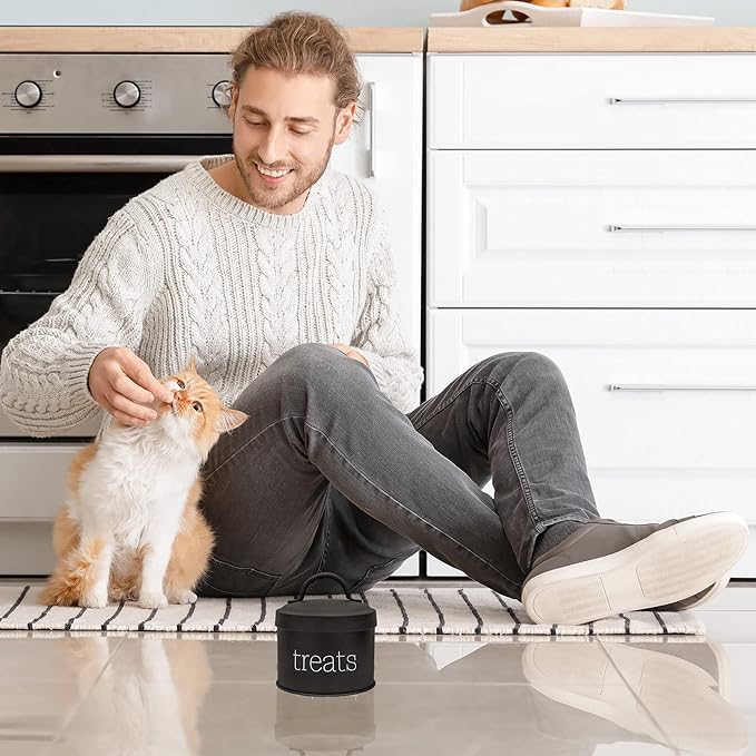 AuldHome Design Enamel Cat Treat Container (Black) Small Retro Modern Farmhouse Pet Treats Jar