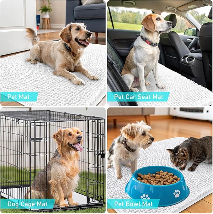 OLANLY Dog Door Mat for Muddy Paws 47x32, Absorbs Moisture and Dirt, Absorbent Non-Slip Washable Doormat, Quick Dry Chenille Mud Mat for Dogs, Entry Indoor Entryway Carpet for Inside Floor, White