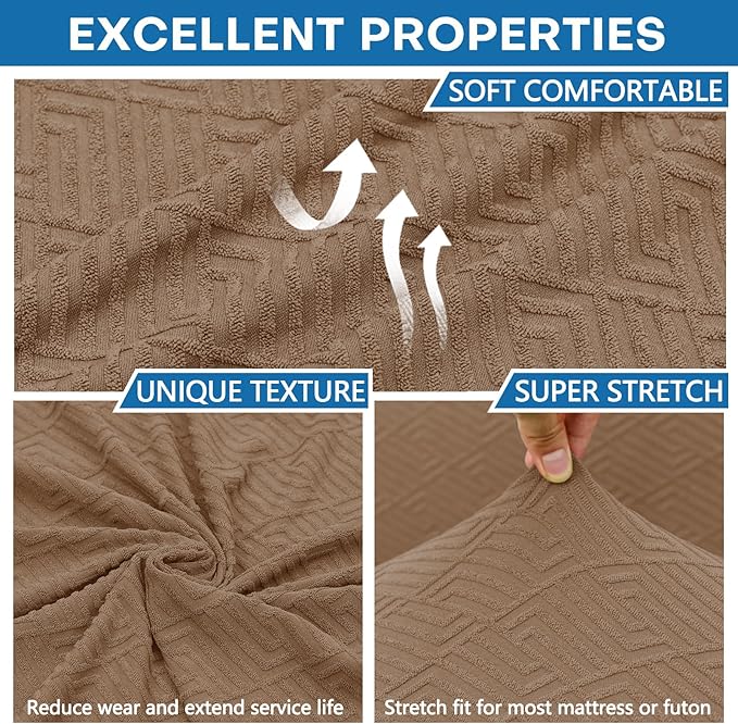 ZNSAYOTX Stretch Fit Futon Cover (67"-82") Armless Futon Sofa Bed Slipcover with Elastic Band, Universal Foldable Sofa Mattress Protector Full Queen Size, Washable Comfort Jacquard (Light Coffee)