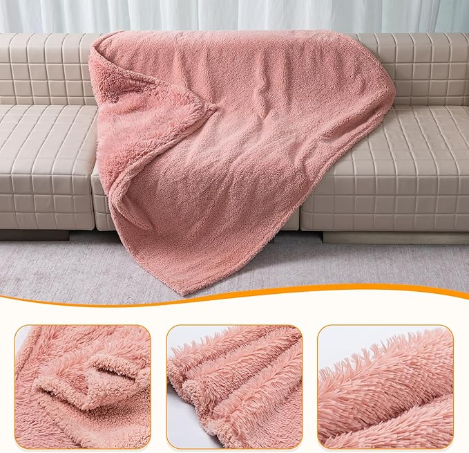 Wowchine Waterproof Pet Blanket Pink Calming Dog Blankets Fluffy Long Faux Fur Pet Throw Blankets for Couch Protector Love Bed Cover Washable(Pink,L)