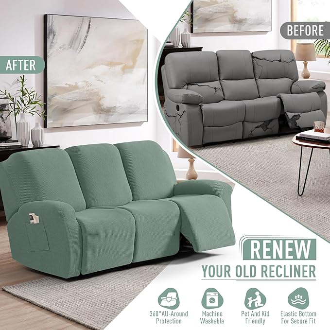 TAOCOCO Recliner Sofa Covers 8-Pieces Stretch Large Couch Covers for 3 Seats Reclining Slipcovers Soft Jacquard Pattern Furniture Protector (Sage Green)